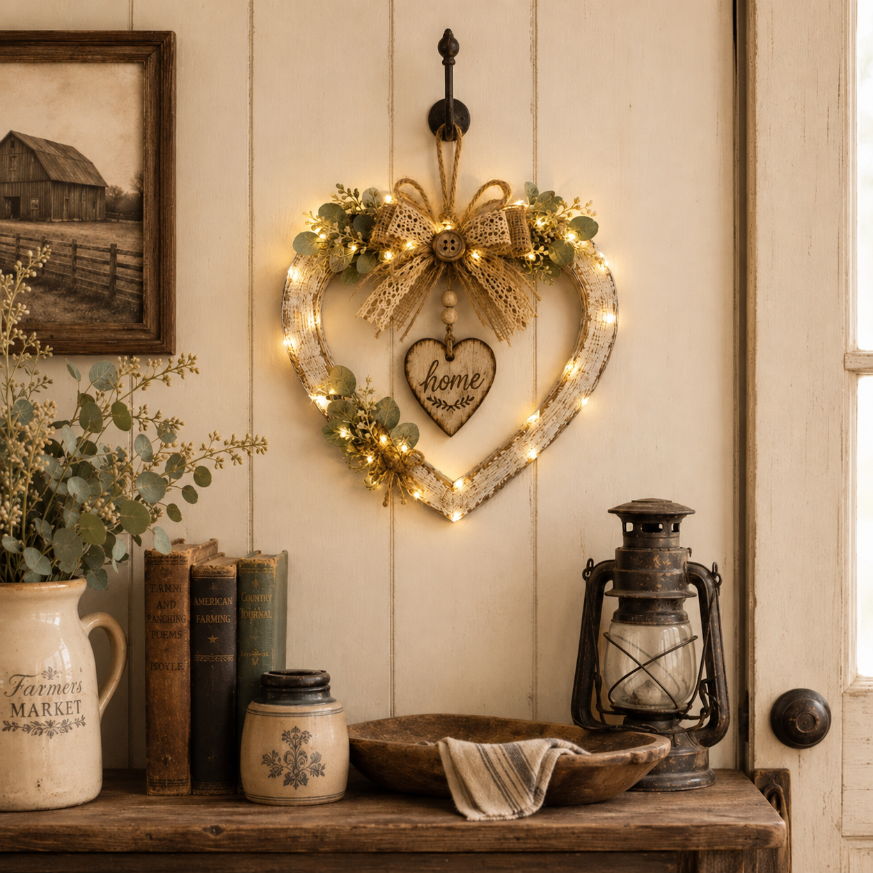 Rustic Farmhouse โHomeโ Heart Wreath โ Ready-to-Hang Country Wall Decor