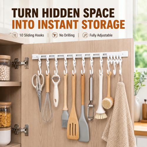 No-Drill Sliding Rail Hook Organizer – 10 Adjustable Cabinet Hooks