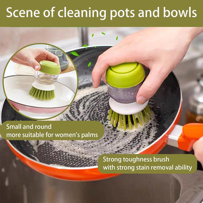🧼 Soap Dispensing Palm Brush – Refillable Dish Scrubber With Drainage Stand