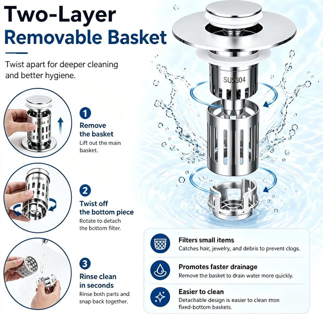 The Ultimate 3-in-1 Pop-Up Sink Strainer