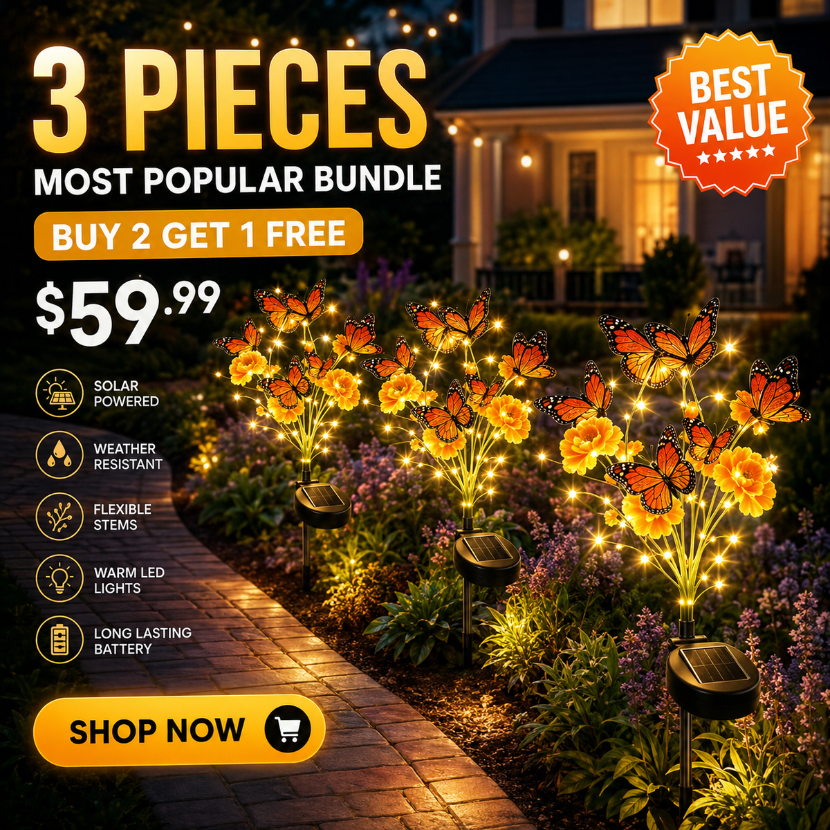 🌻 Solar Butterfly Flower Garden Stake Light – Waterproof Outdoor Pathway Decor 🦋