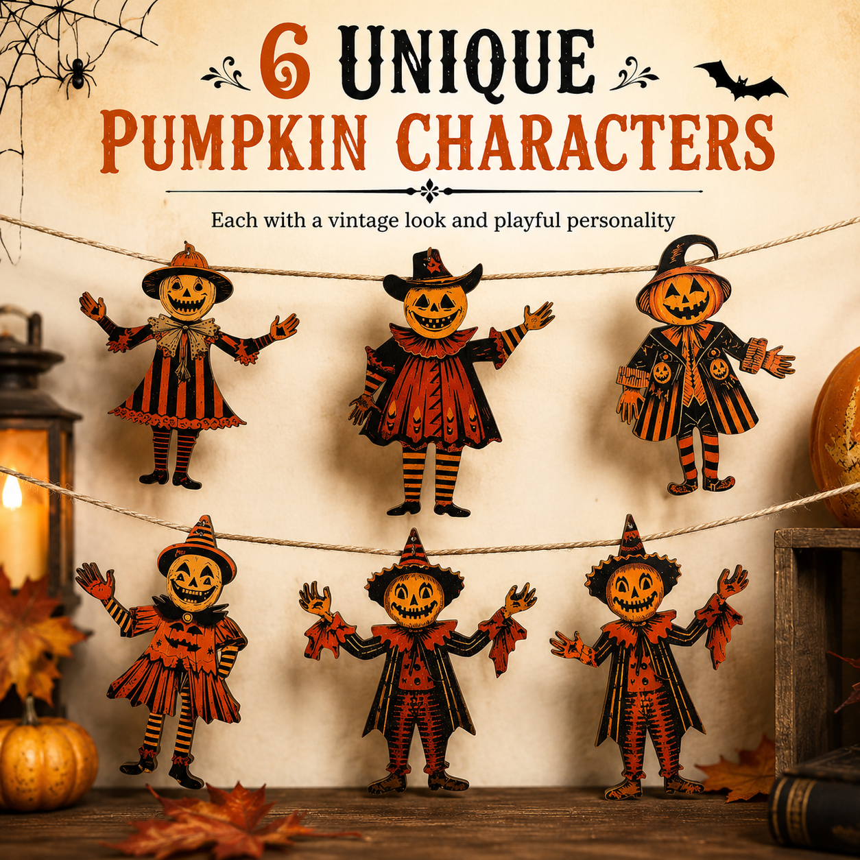 🎃 6 Piece Vintage Wooden Pumpkin Character Halloween Garland Banner Cutouts