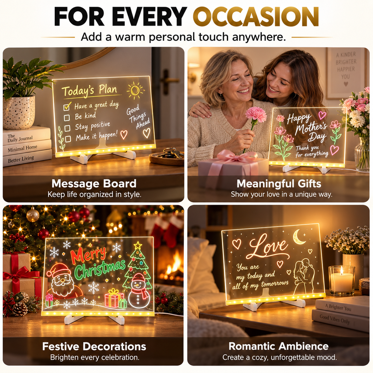 Reusable LED message board for gifts decorations and everyday notes
