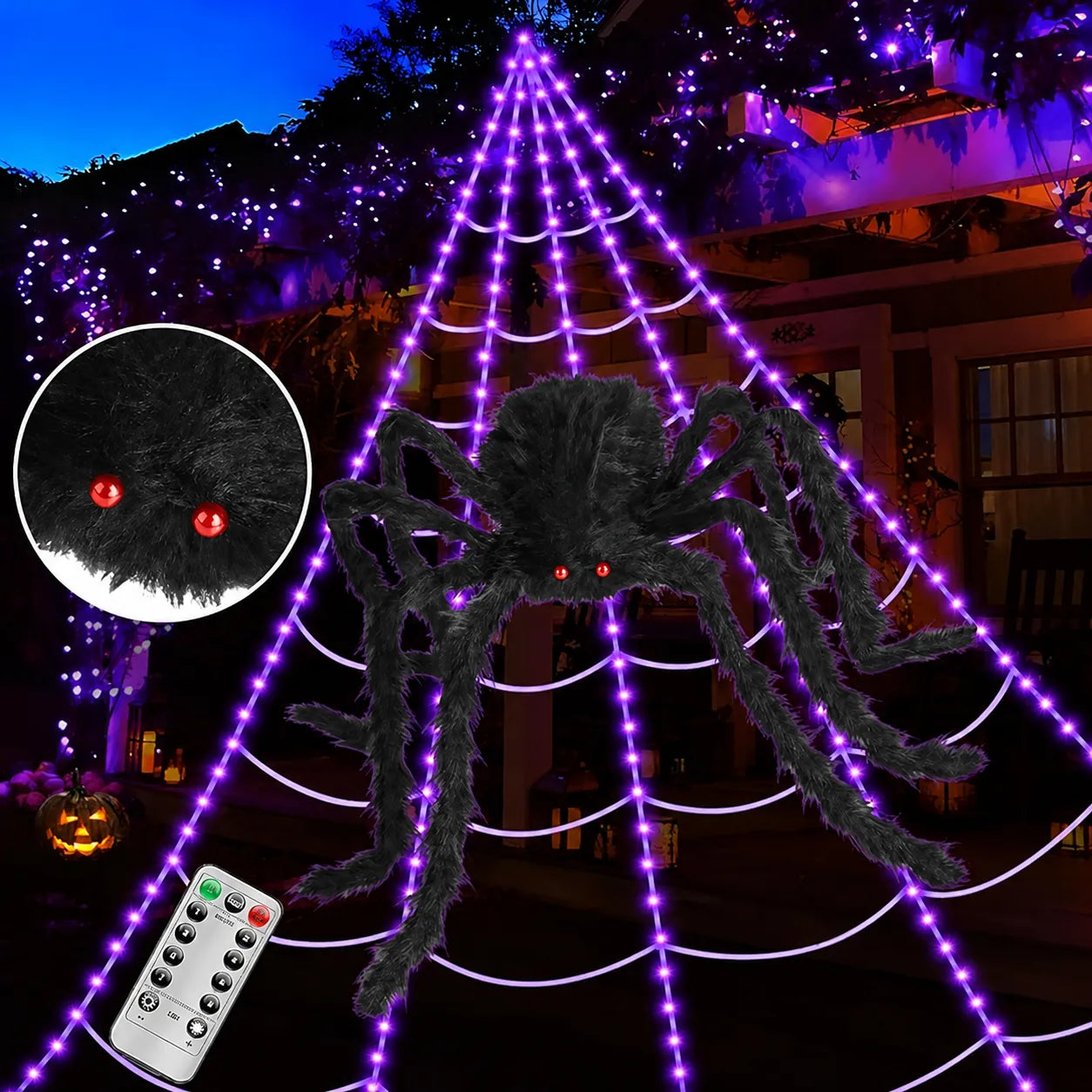 250-LED Purple & Orange Spider Web Lights with Giant Furry Spider