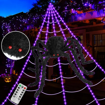 250-LED Purple & Orange Spider Web Lights with Giant Furry Spider