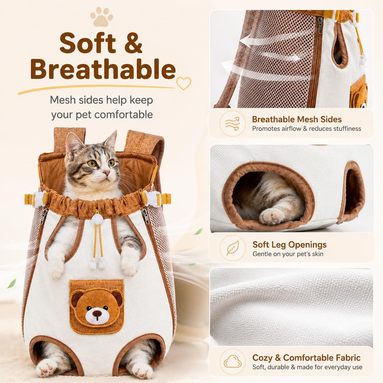 Cute Bear Front Pet Carrier Backpack, Breathable Adjustable Chest Bag for Cats & Small Dogs
