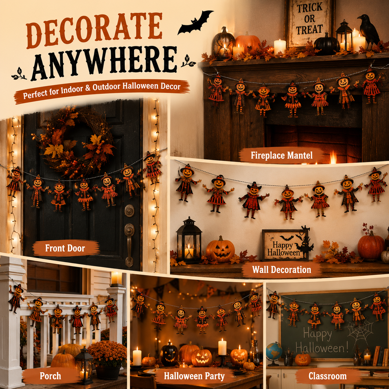 🎃 6 Piece Vintage Wooden Pumpkin Character Halloween Garland Banner Cutouts