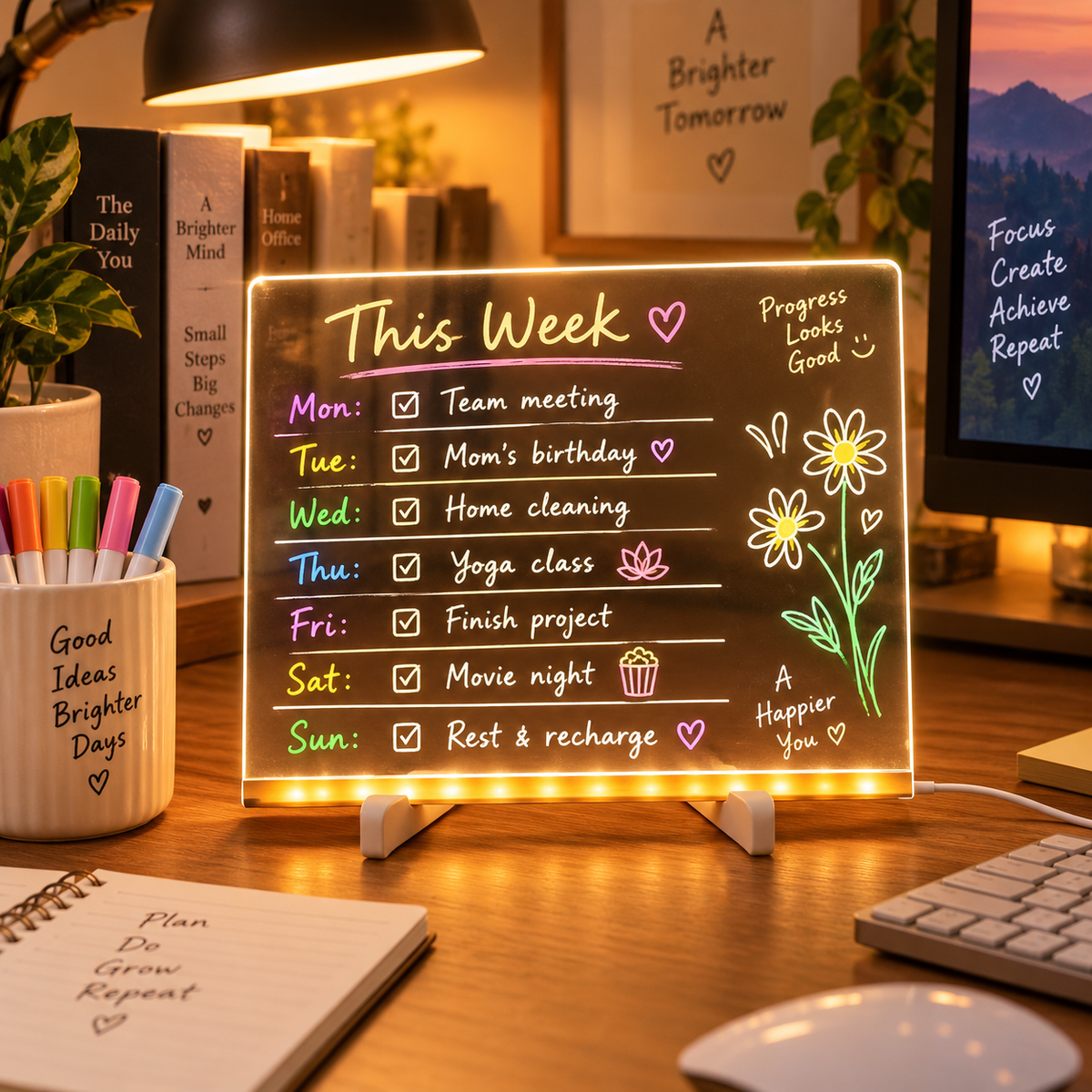 Weekly planner on glowing acrylic LED board