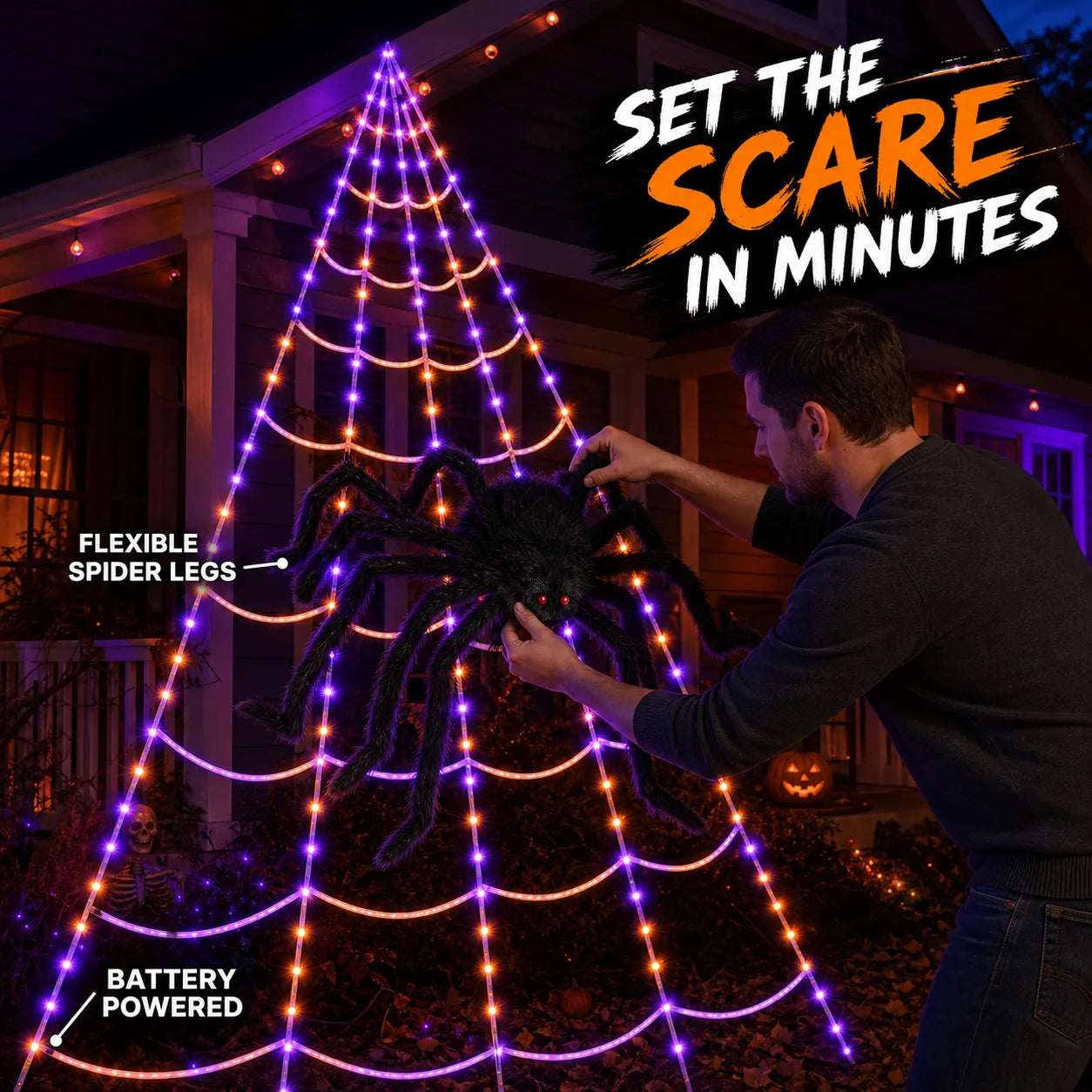 250-LED Purple & Orange Spider Web Lights with Giant Furry Spider