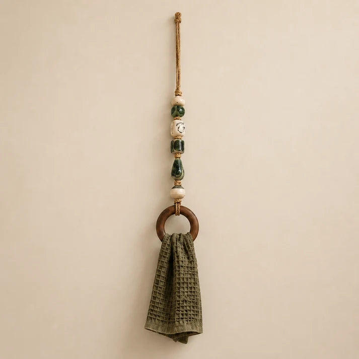 Decorative Beaded Towel Hanger with Wooden Ring