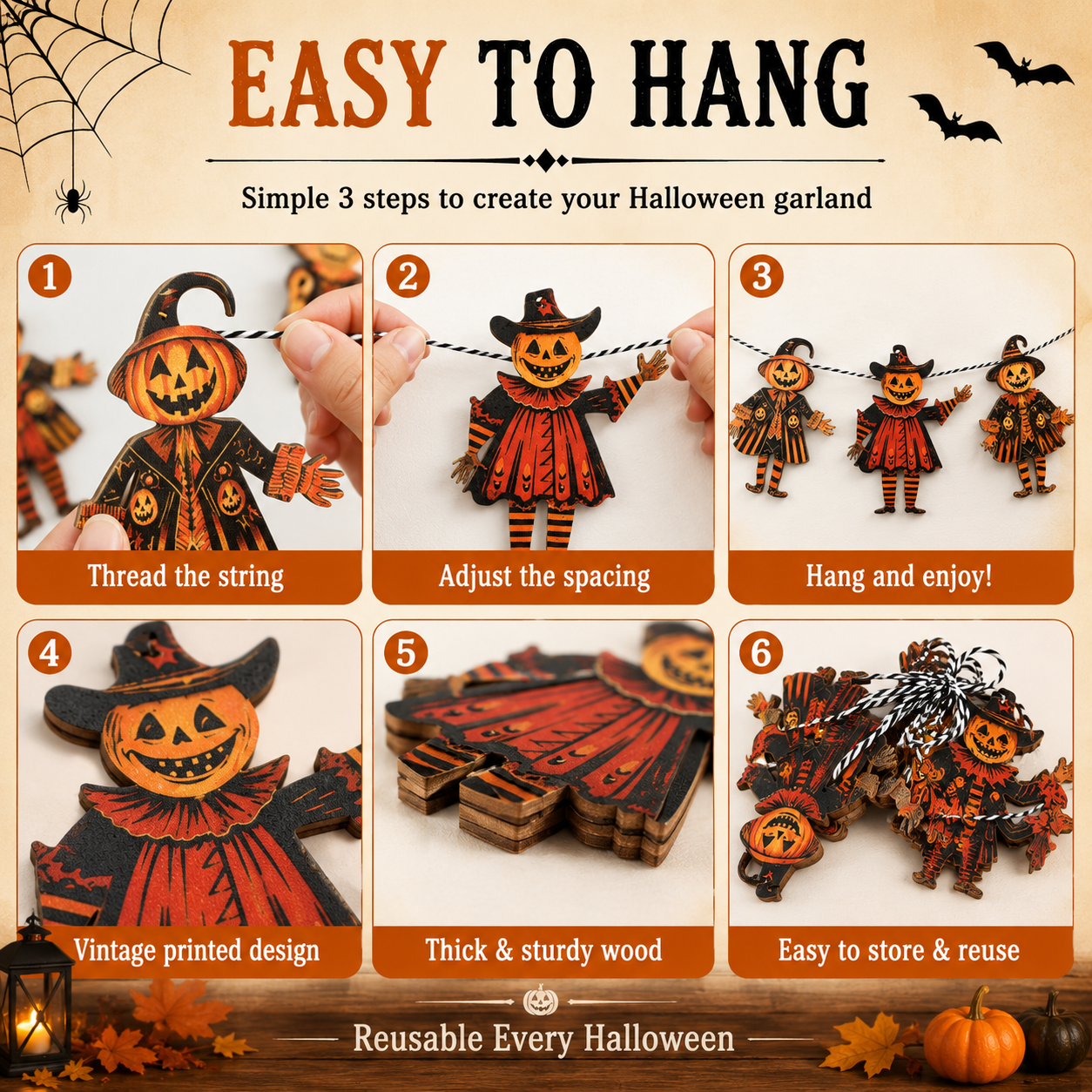 🎃 6 Piece Vintage Wooden Pumpkin Character Halloween Garland Banner Cutouts