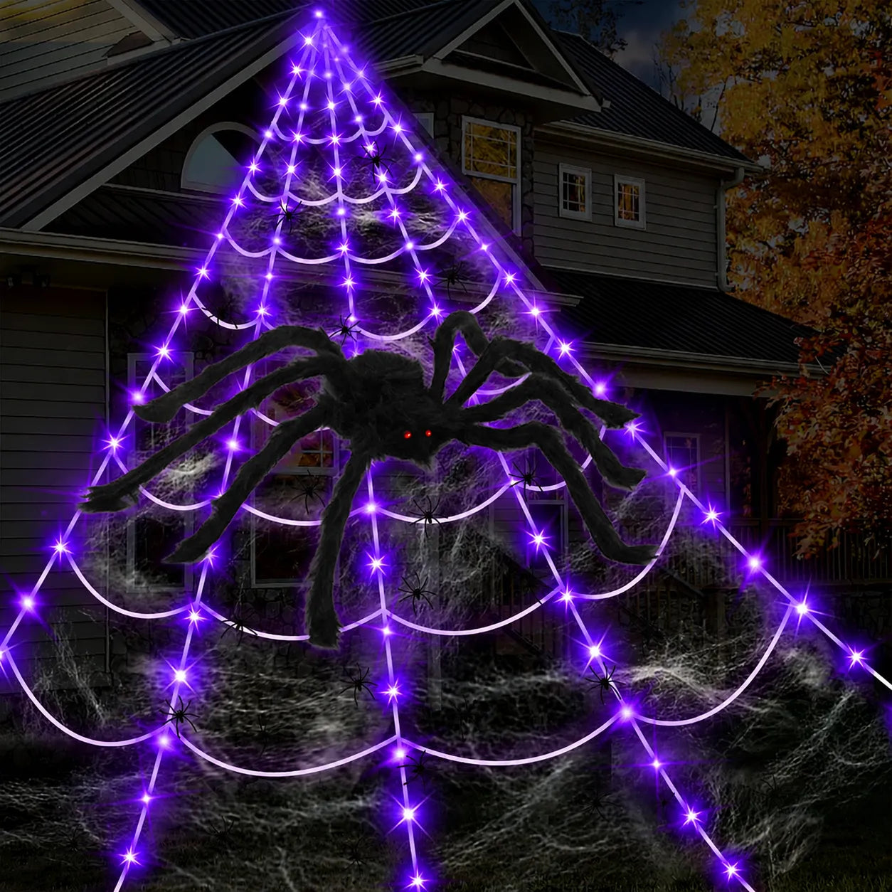 250-LED Purple & Orange Spider Web Lights with Giant Furry Spider