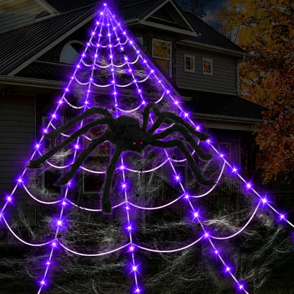 250-LED Purple & Orange Spider Web Lights with Giant Furry Spider
