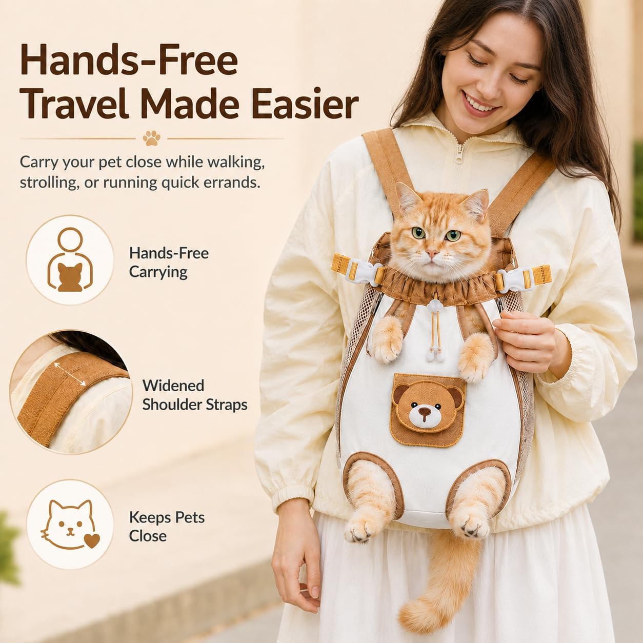 Cute Bear Front Pet Carrier Backpack, Breathable Adjustable Chest Bag for Cats & Small Dogs