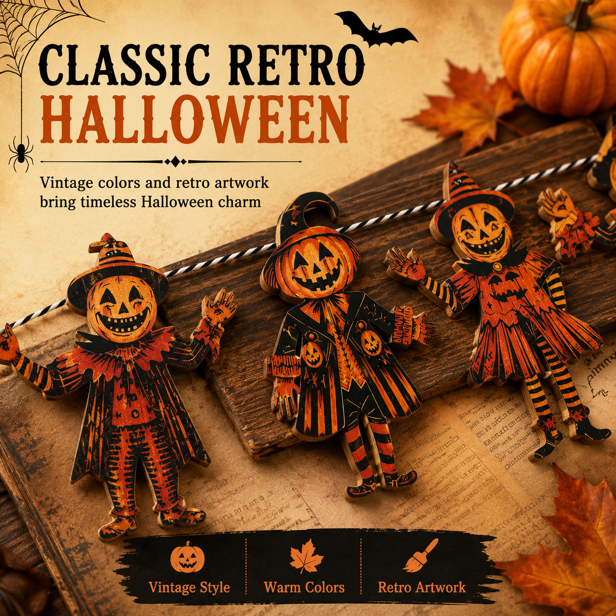 🎃 6 Piece Vintage Wooden Pumpkin Character Halloween Garland Banner Cutouts