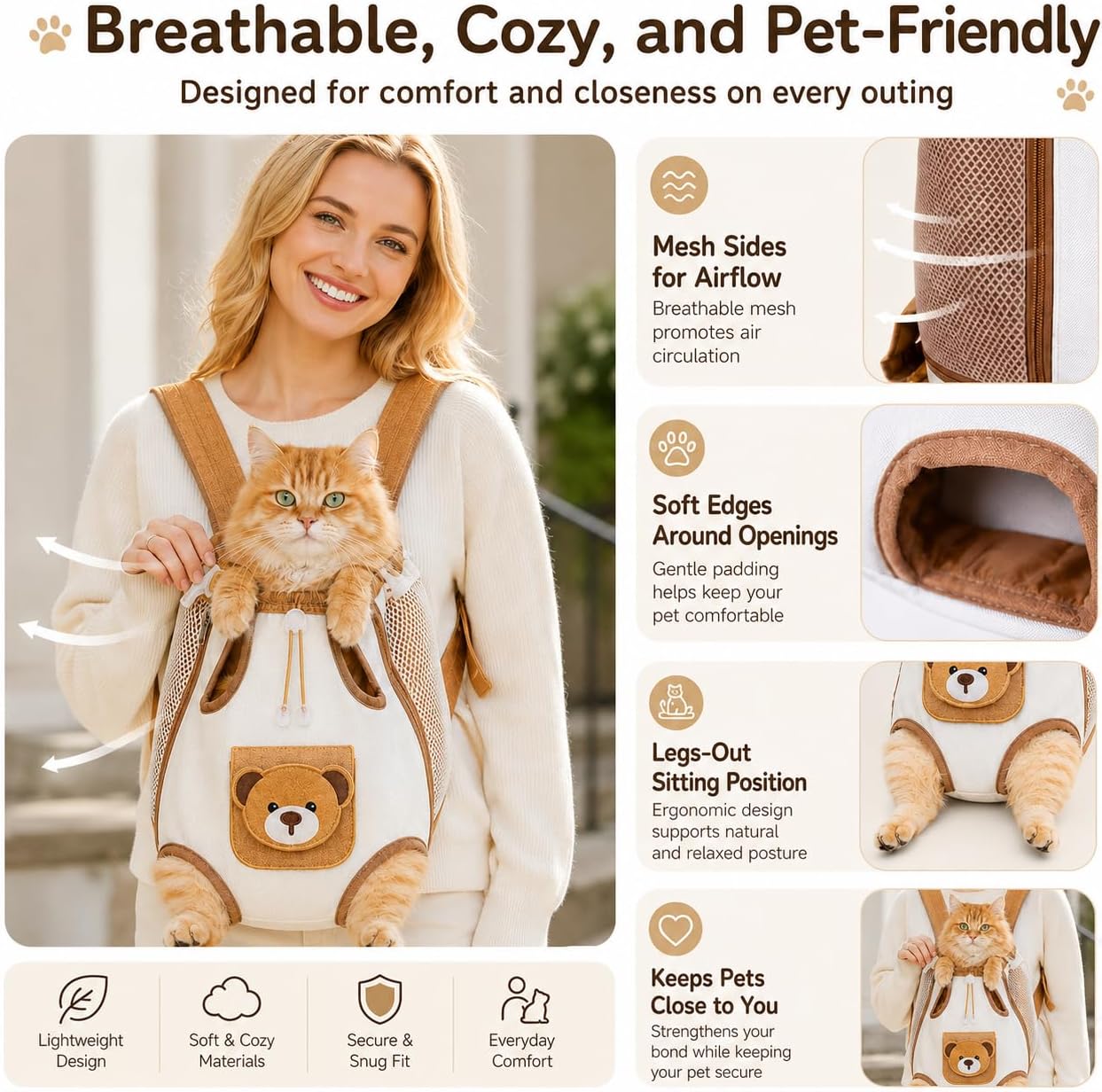 Cute Bear Front Pet Carrier Backpack, Breathable Adjustable Chest Bag for Cats & Small Dogs