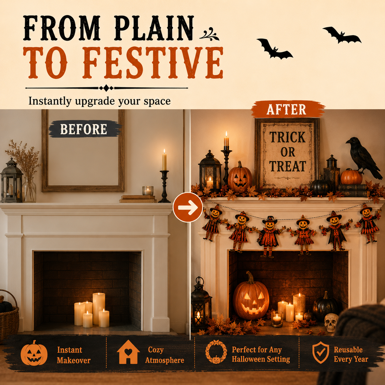🎃 6 Piece Vintage Wooden Pumpkin Character Halloween Garland Banner Cutouts