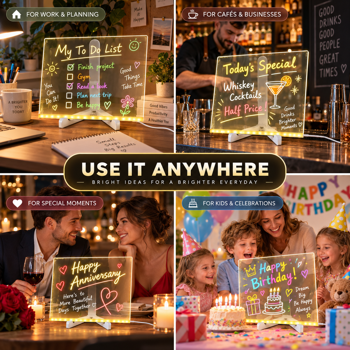 LED acrylic message board for work cafes parties and family use