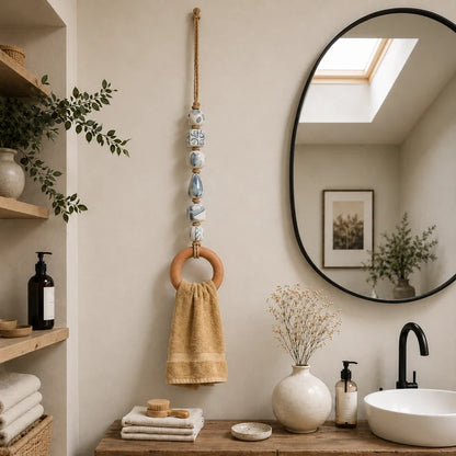 Decorative Beaded Towel Hanger with Wooden Ring