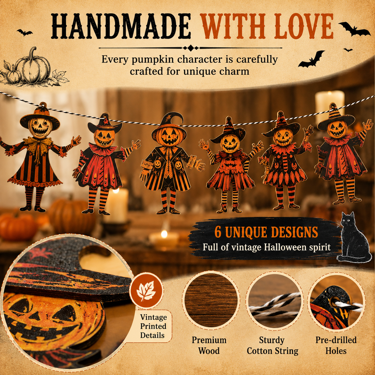 🎃 6 Piece Vintage Wooden Pumpkin Character Halloween Garland Banner Cutouts