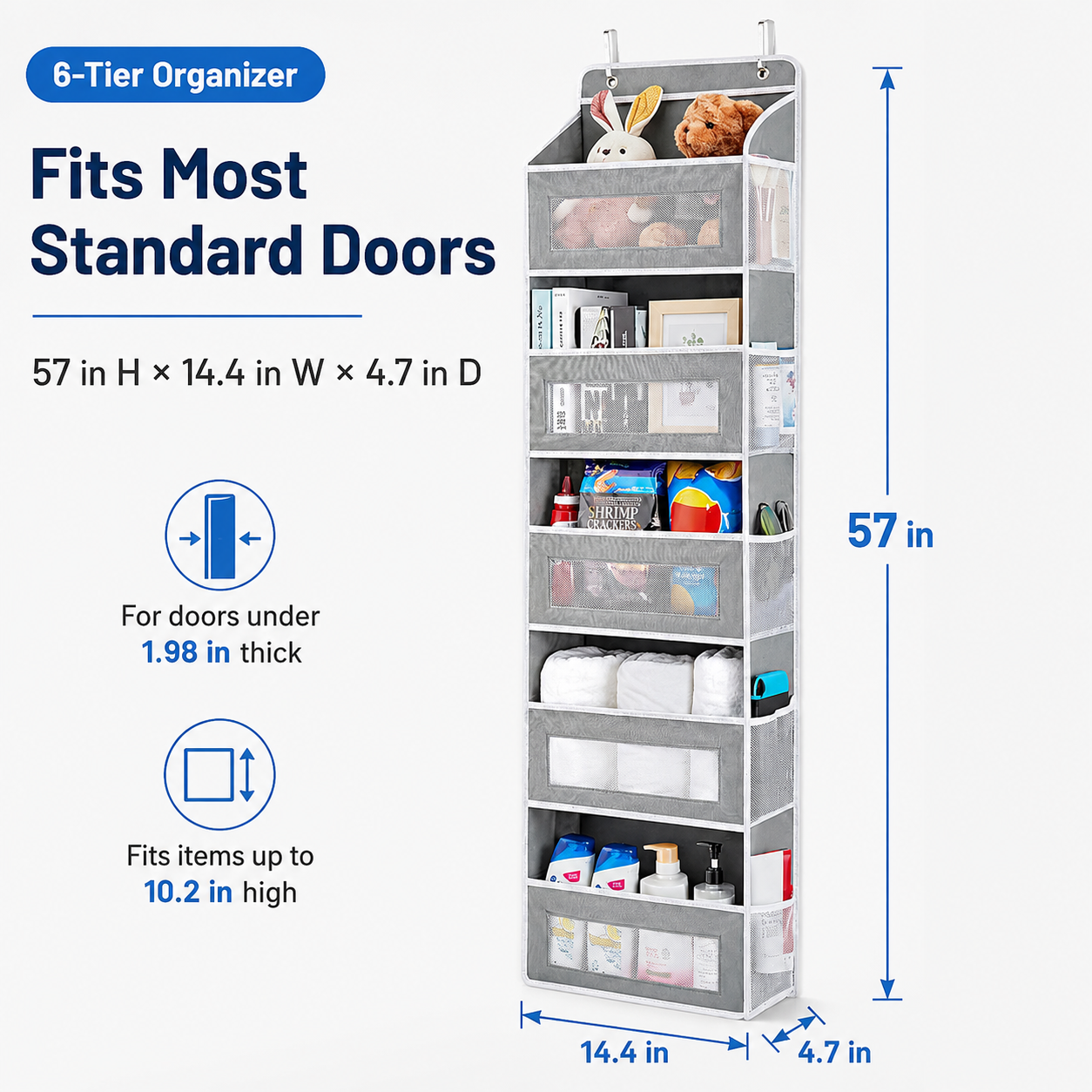 5-Tier Over Door Organizer – 5 Large Mesh Pockets, Anti-Tilt, 44 lb Capacity, Space Saver for Home