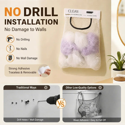 No-Drill Hanging Mesh Storage Bag | Adhesive Wall Organizer