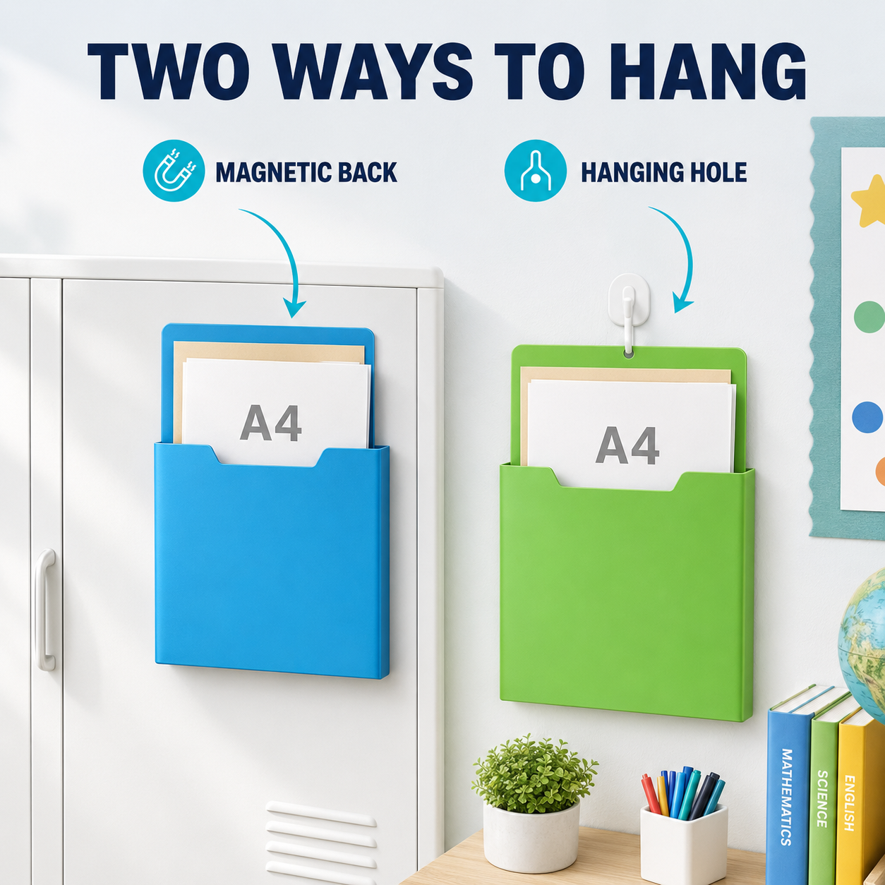 Magnetic File Organizer  | Wall-Mount Folder Holder for Classroom, Office, Whiteboard & Refrigerator