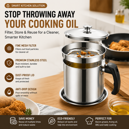 Stainless Steel Cooking Oil Filter Pot – Reusable Grease Storage Container with Fine Mesh Strainer