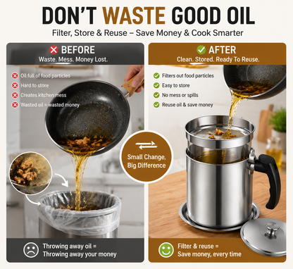 Stainless Steel Cooking Oil Filter Pot – Reusable Grease Storage Container with Fine Mesh Strainer