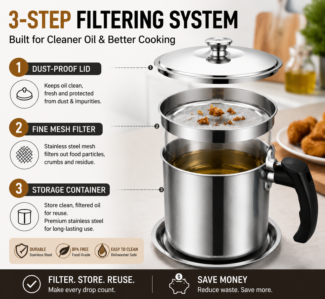 Stainless Steel Cooking Oil Filter Pot – Reusable Grease Storage Container with Fine Mesh Strainer