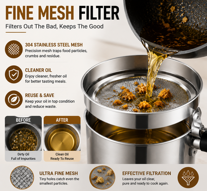 Stainless Steel Cooking Oil Filter Pot – Reusable Grease Storage Container with Fine Mesh Strainer