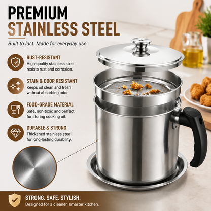 Stainless Steel Cooking Oil Filter Pot – Reusable Grease Storage Container with Fine Mesh Strainer