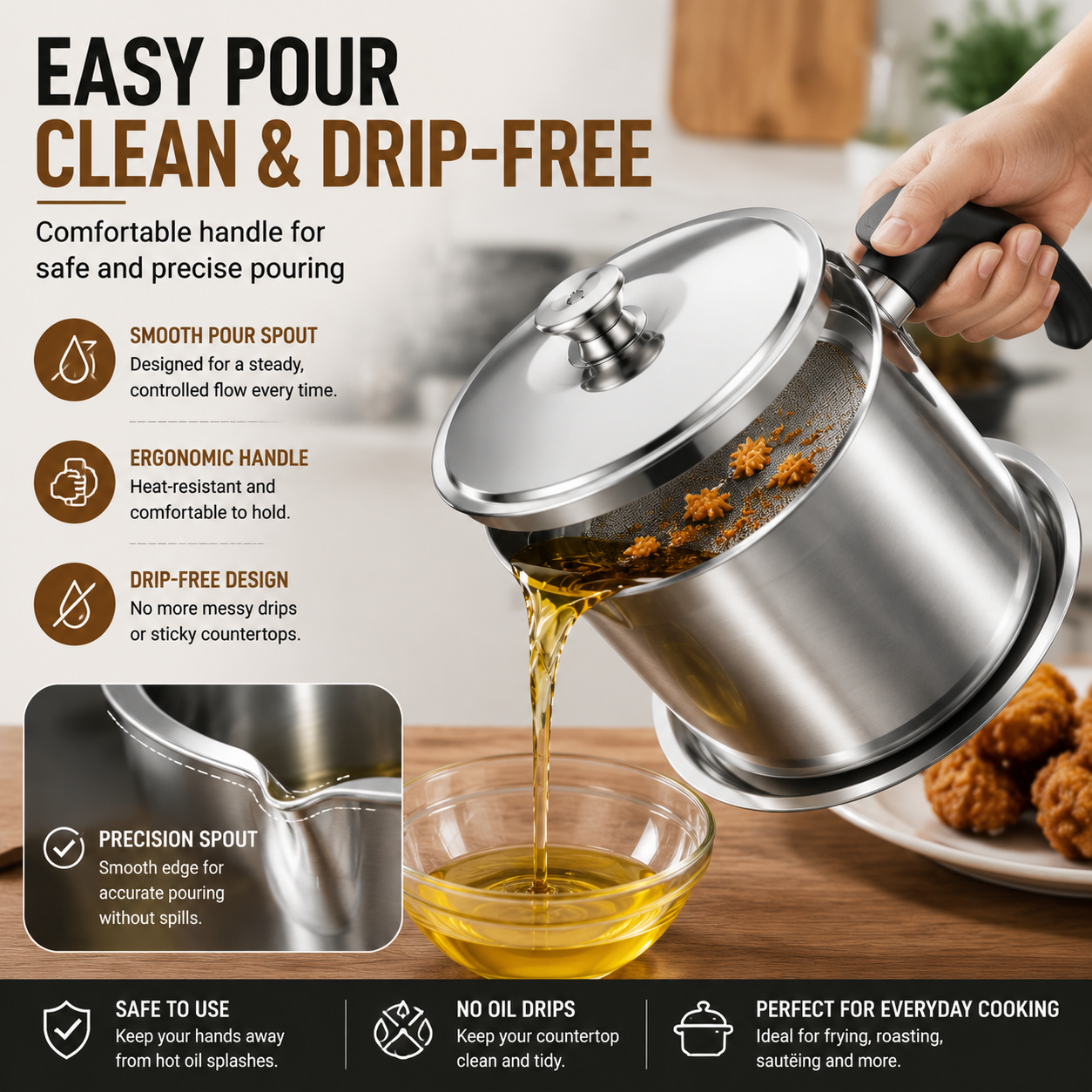 Stainless Steel Cooking Oil Filter Pot – Reusable Grease Storage Container with Fine Mesh Strainer