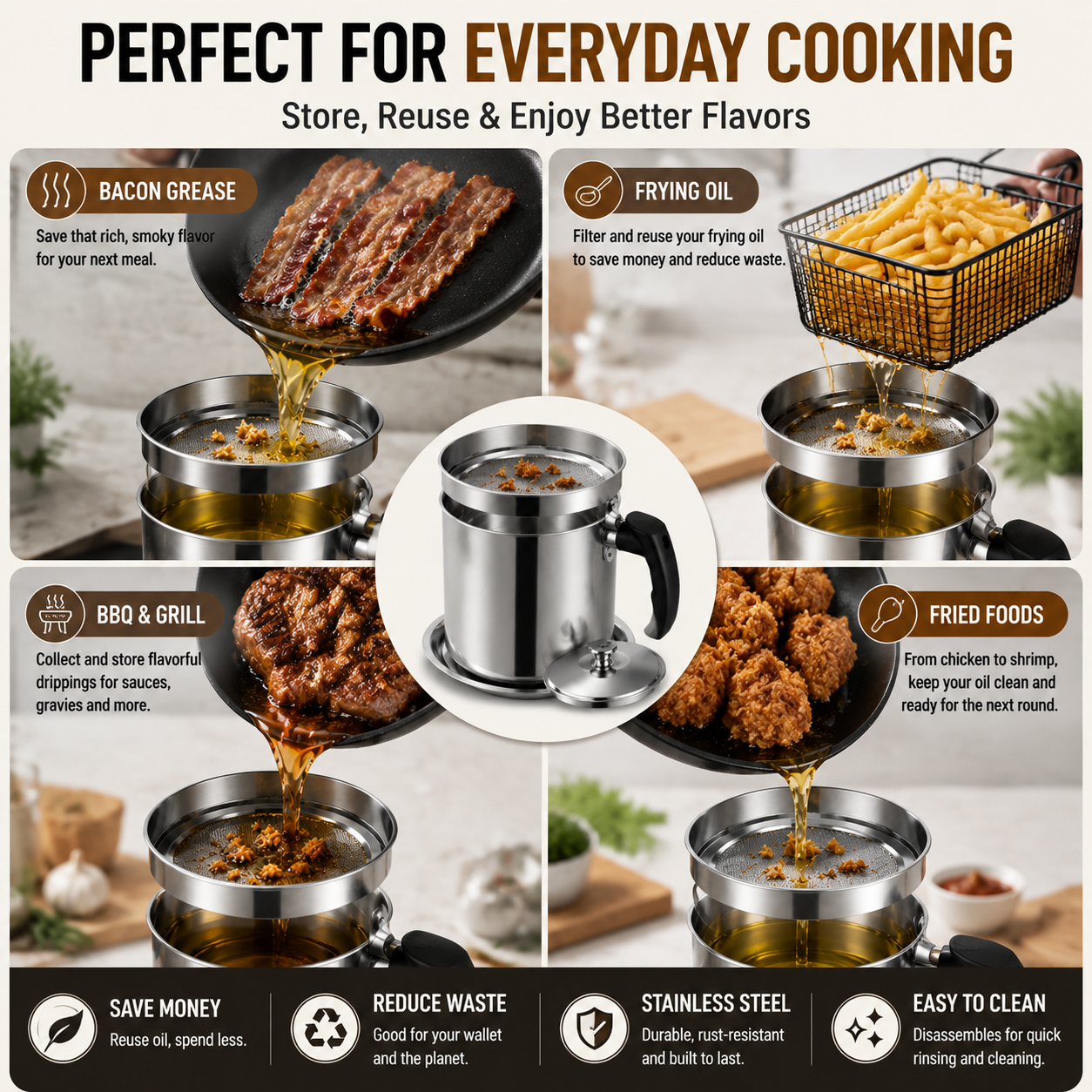 Stainless Steel Cooking Oil Filter Pot – Reusable Grease Storage Container with Fine Mesh Strainer