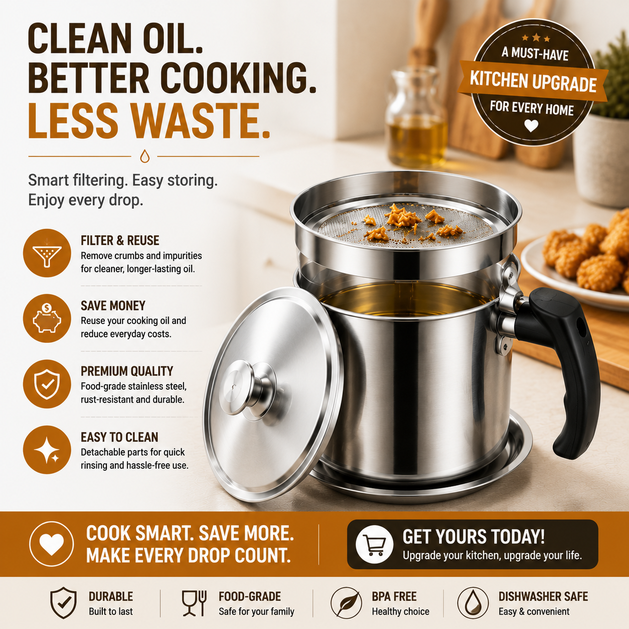 Stainless Steel Cooking Oil Filter Pot – Reusable Grease Storage Container with Fine Mesh Strainer