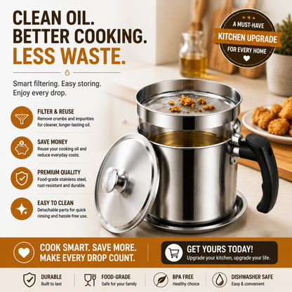 Stainless Steel Cooking Oil Filter Pot – Reusable Grease Storage Container with Fine Mesh Strainer