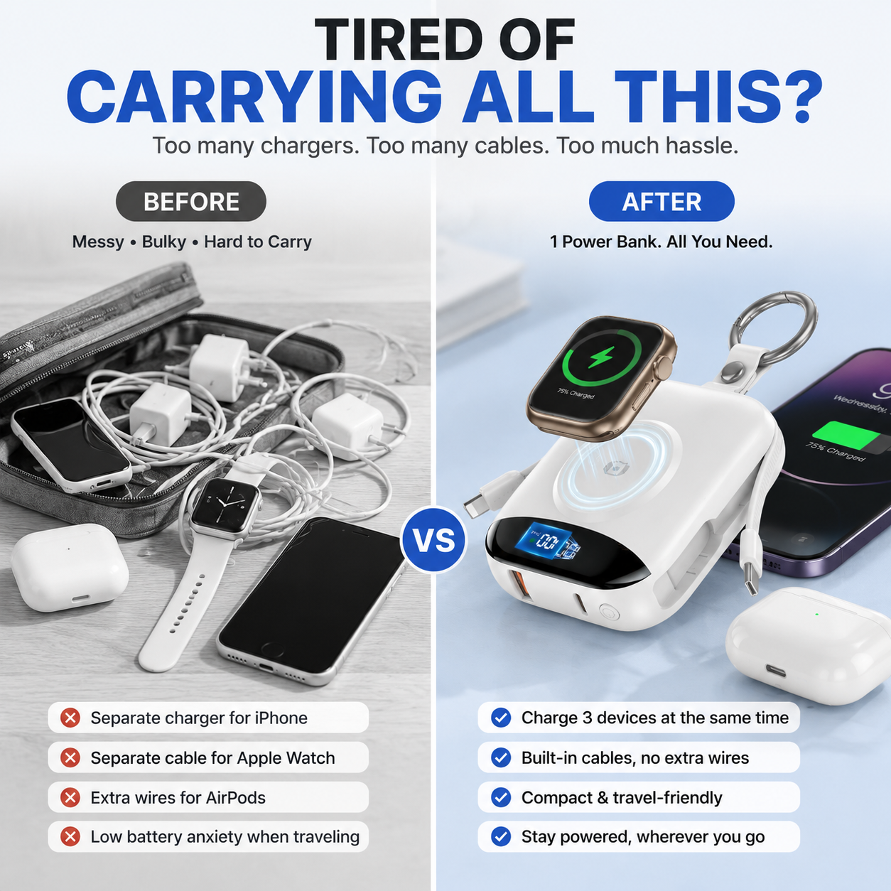 🔋 3-in-1 Magnetic Power Bank 10000mAh – Portable Charger for iPhone, Apple Watch & AirPods