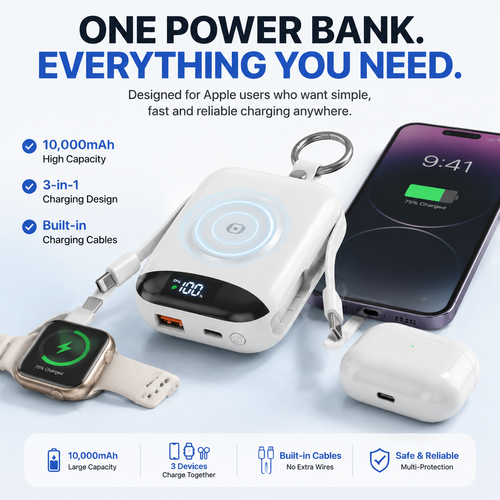 🔋 3-in-1 Magnetic Power Bank 10000mAh – Portable Charger for iPhone, Apple Watch & AirPods