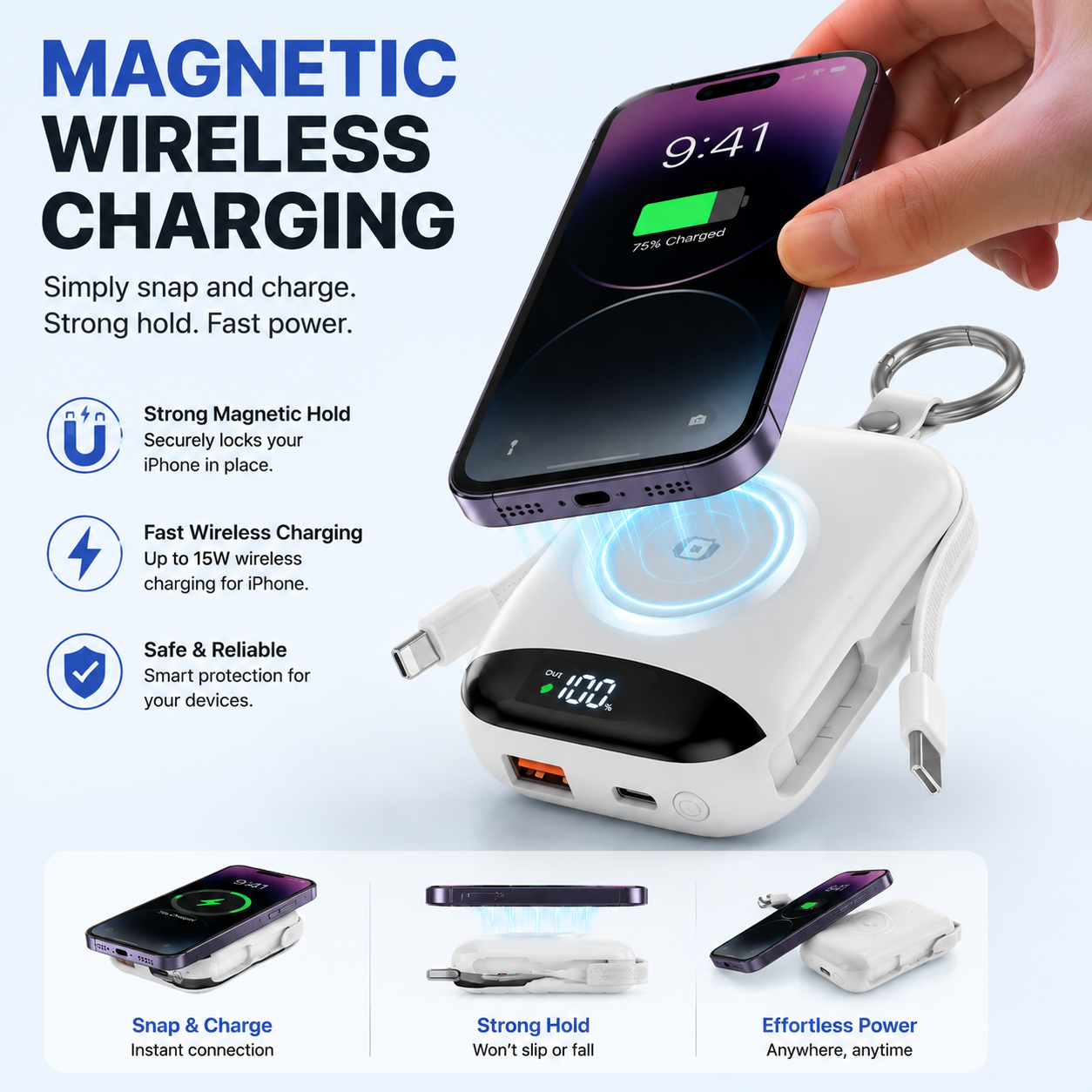 🔋 3-in-1 Magnetic Power Bank 10000mAh – Portable Charger for iPhone, Apple Watch & AirPods