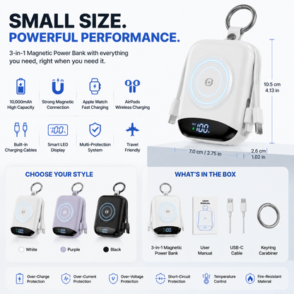 🔋 3-in-1 Magnetic Power Bank 10000mAh – Portable Charger for iPhone, Apple Watch & AirPods