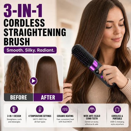 3‑in‑1 Cordless Hair Straightening Brush – Straighten, curl & detangle with 4 heat settings