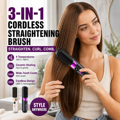 3‑in‑1 Cordless Hair Straightening Brush – Straighten, curl & detangle with 4 heat settings
