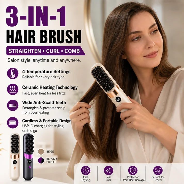3‑in‑1 Cordless Hair Straightening Brush – Straighten, curl & detangle with 4 heat settings