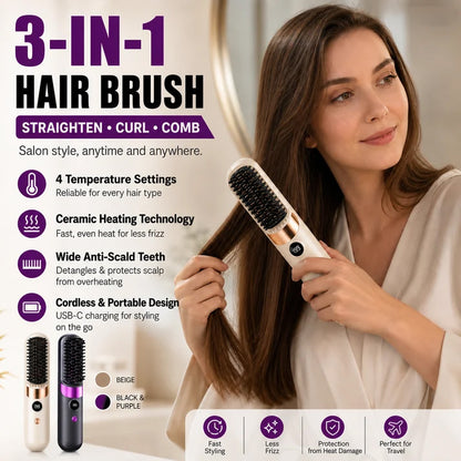 3‑in‑1 Cordless Hair Straightening Brush – Straighten, curl & detangle with 4 heat settings