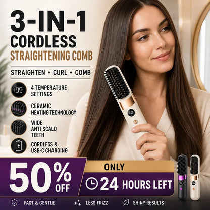 3‑in‑1 Cordless Hair Straightening Brush – Straighten, curl & detangle with 4 heat settings