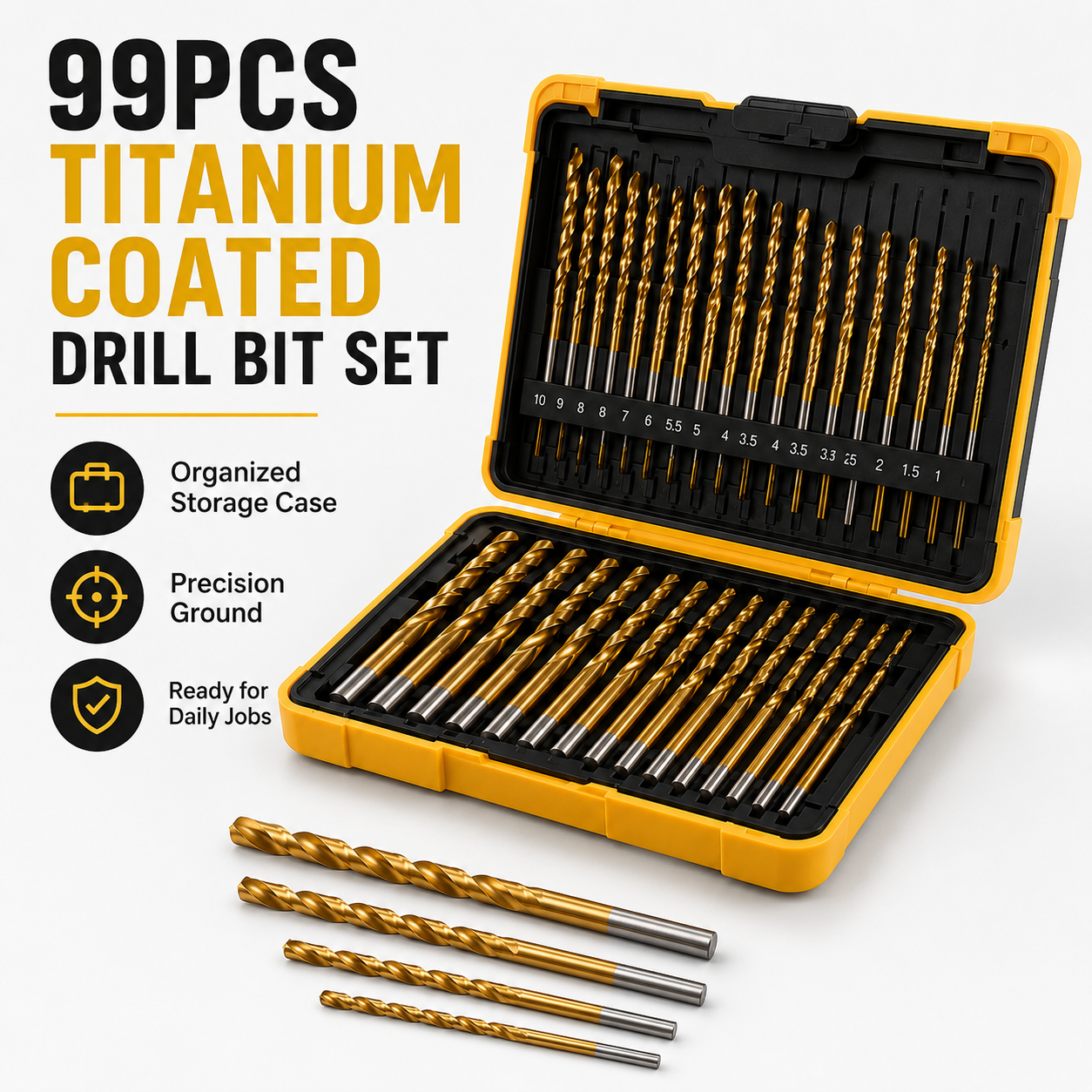 99-Piece Titanium-Coated HSS Drill Bit Set
