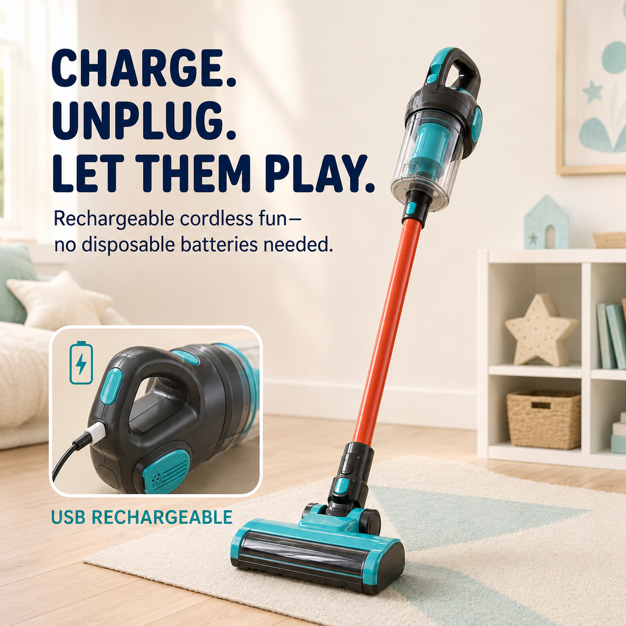 🧹 3-in-1 Kids’ Real-Pickup Vacuum – Rechargeable Pretend Cleaning Toy