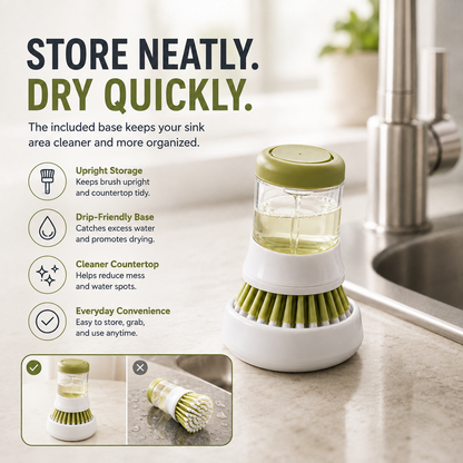 🧼 Press-to-Dispense Dish Brush with Storage Base