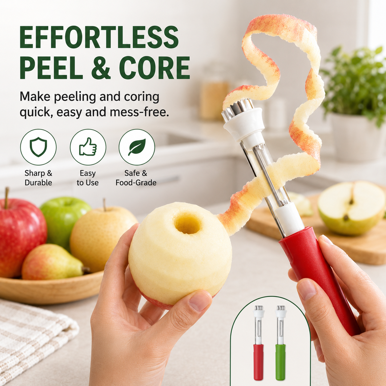 2-in-1 Apple Corer & Peeler – Stainless Steel Fruit Coring Tool for Apples, Pears & Peppers | Quick Seed Remover