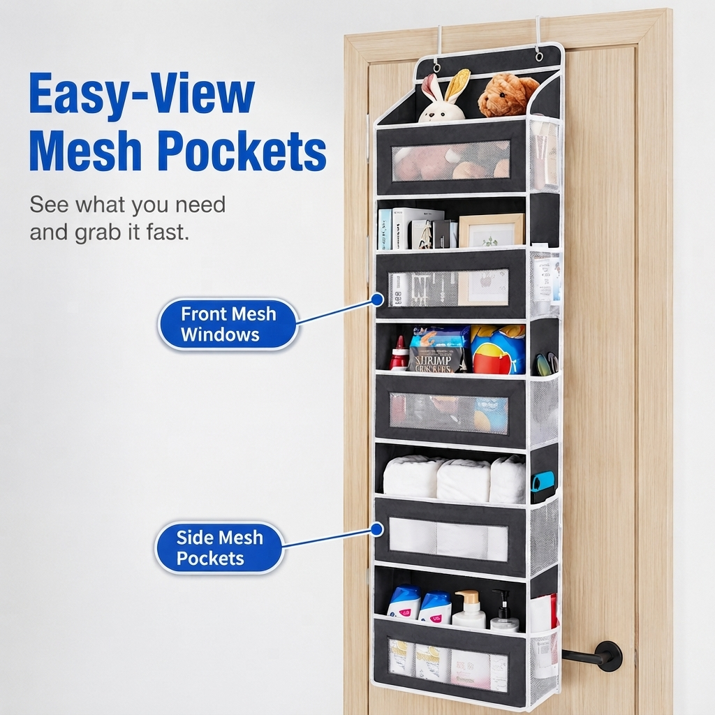 5-Tier Over Door Organizer – 5 Large Mesh Pockets, Anti-Tilt, 44 lb Capacity, Space Saver for Home